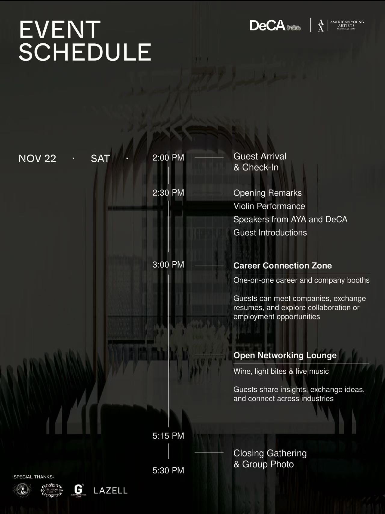 Event schedule for AYA × DeCA Wine, Music & Creativity