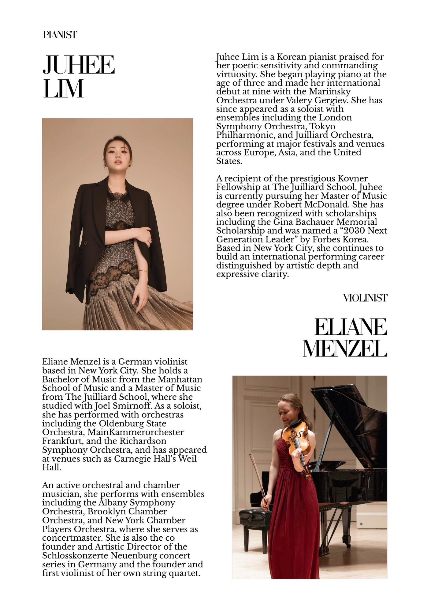 From Classical to Jazz concert program: Juhee Lim and Eliane Menzel