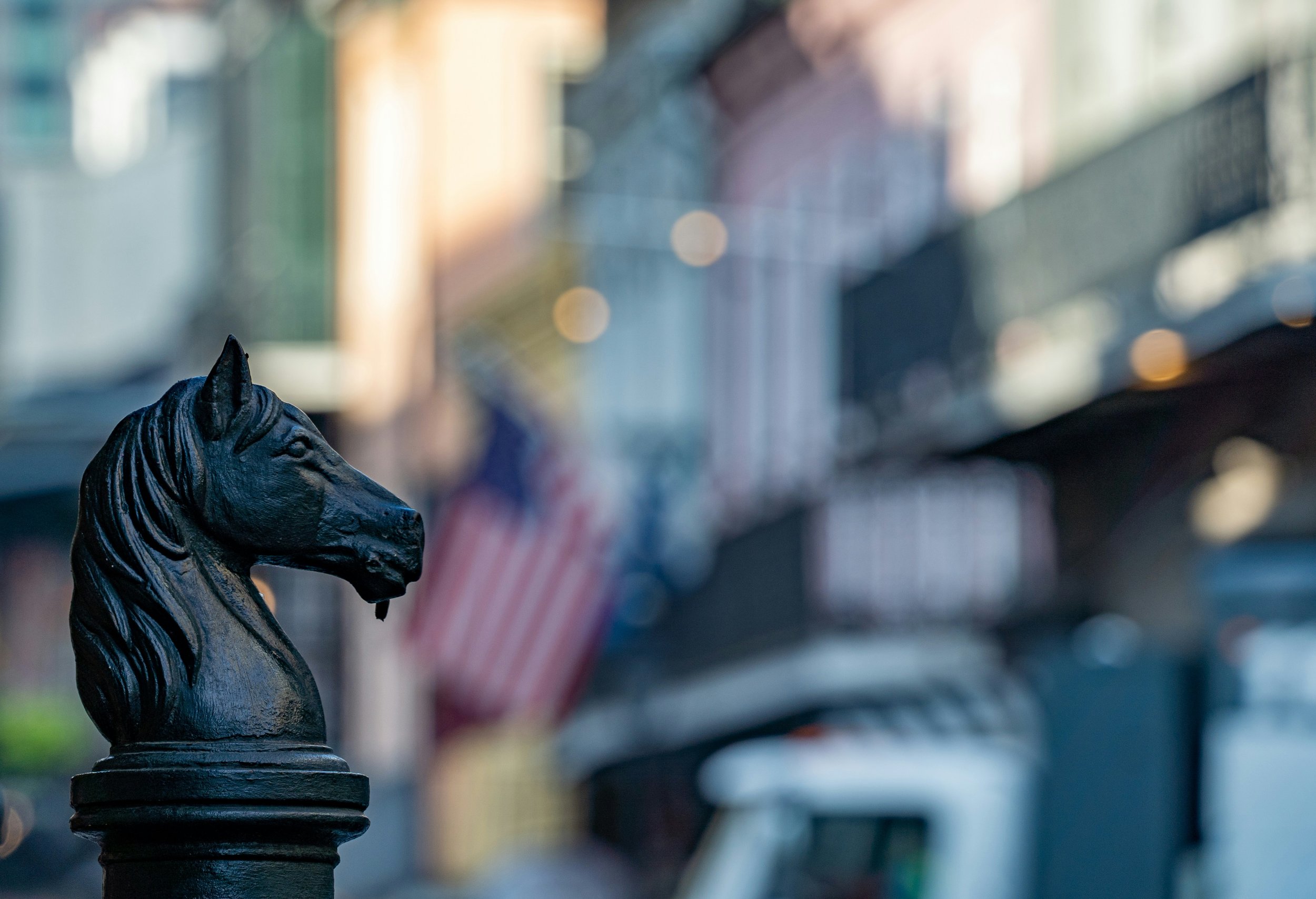 Close-up of a black wrought iron horse head sculpture on a street, with blurred buildings and American flags in the background.