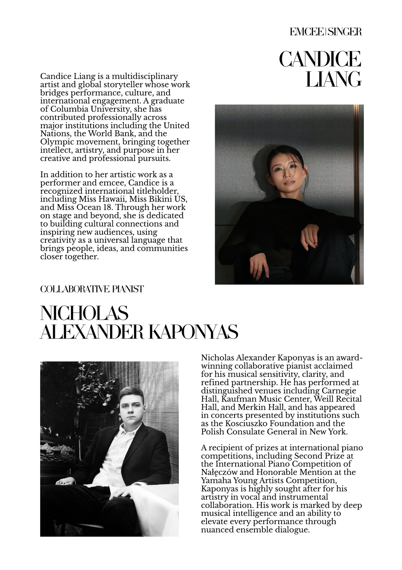 From Classical to Jazz concert program: Candice Liang and Nicholas Alexander Kaponyas