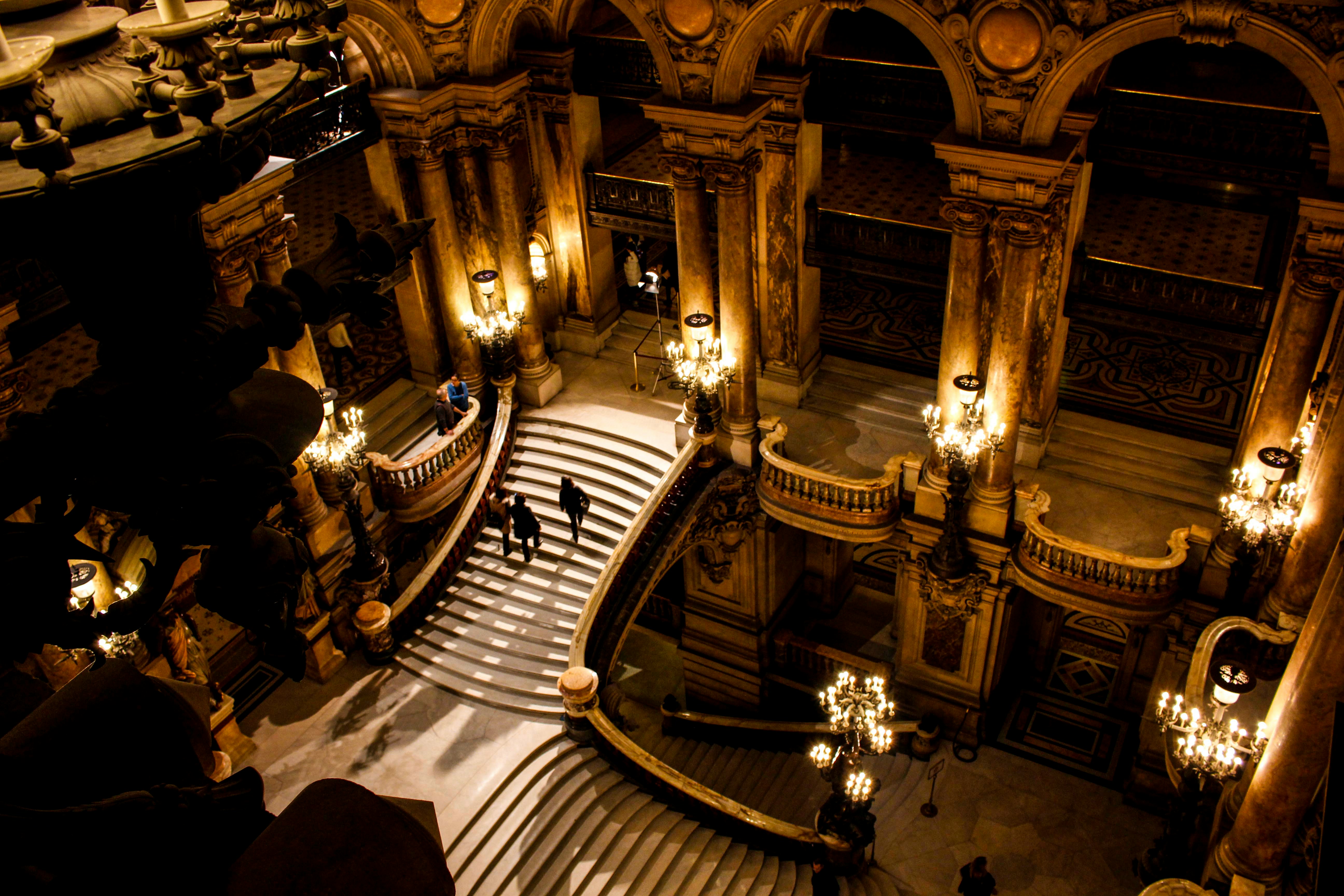 An ornate staircase inside a concert venue.